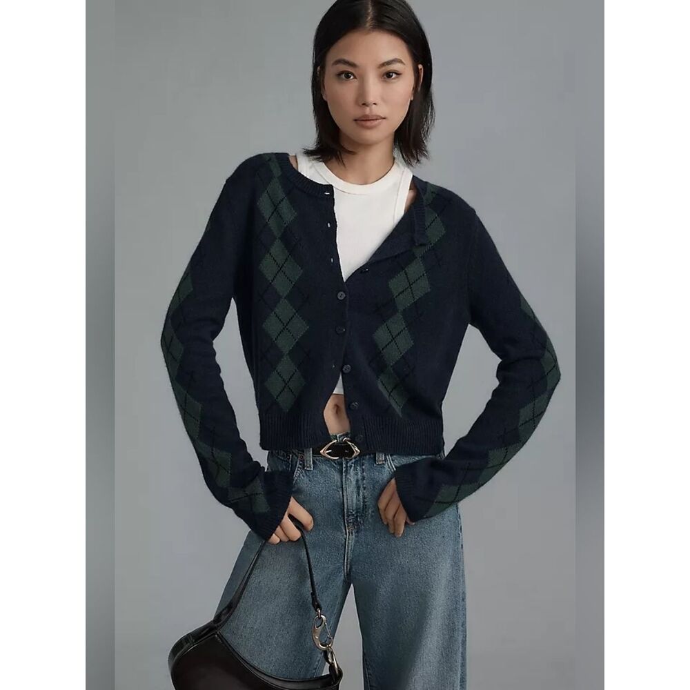 Reformation Reformation Clara Cashmere Blue and Green Argyle Cardigan Size Xsmal